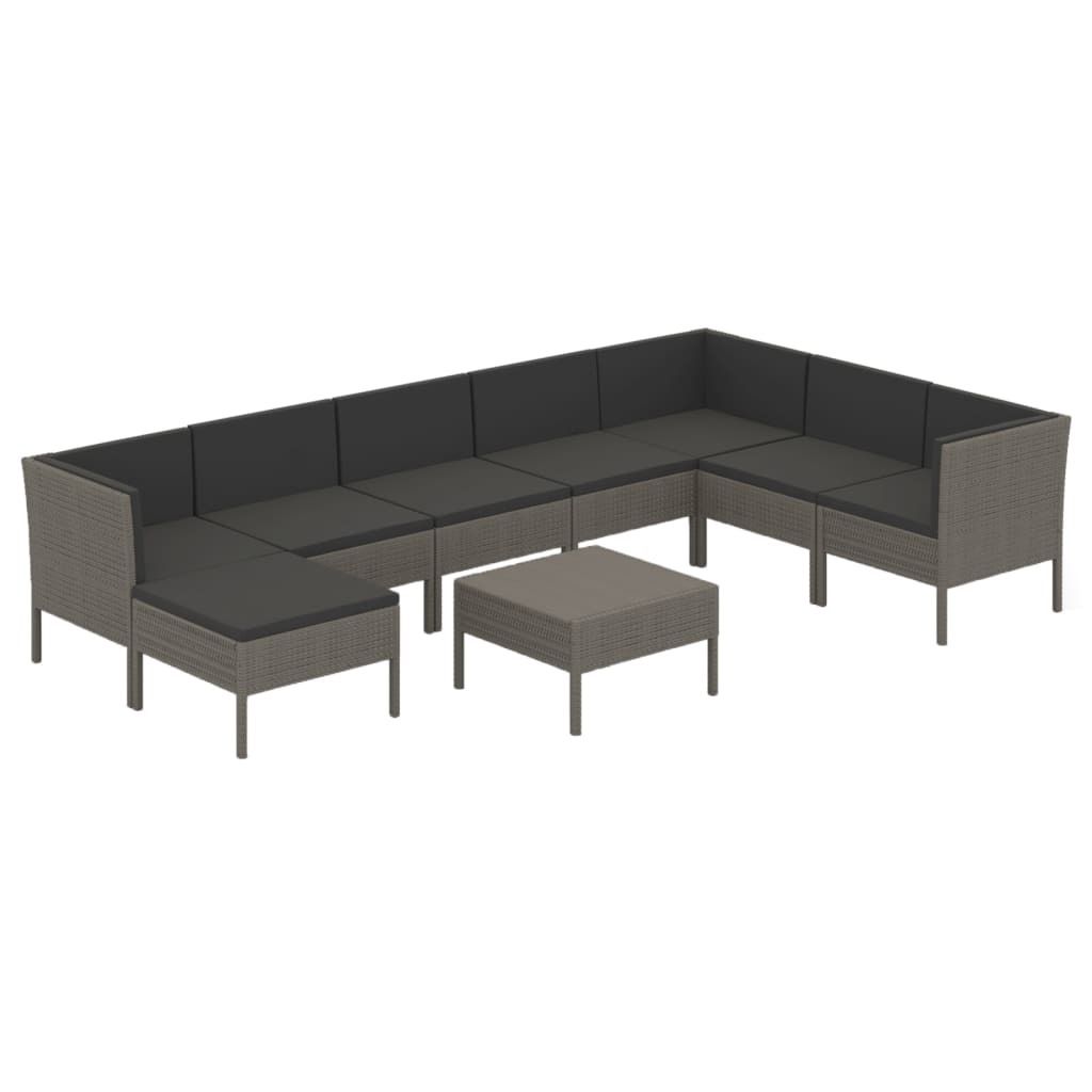 9-tlg. Garten-Lounge-Set mit Auflagen Poly Rattan Grau