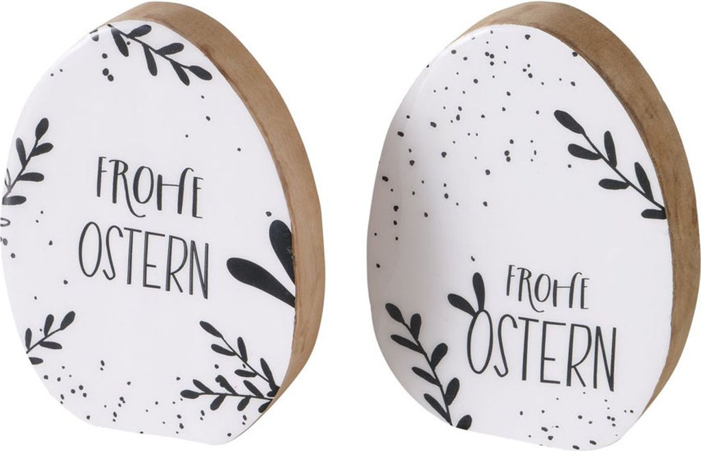 2tlg. Holzei FROHE OSTERN schwarz weiß natur H14cm Osterei (2 Motive)