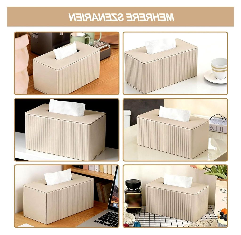 Kosmetiktücherbox - Leder Taschentuchspender, Rechteckige Tissue Box aus Kunstleder für Wohnzimmer, Badezimmer & Büro (Beige Gestreift)
