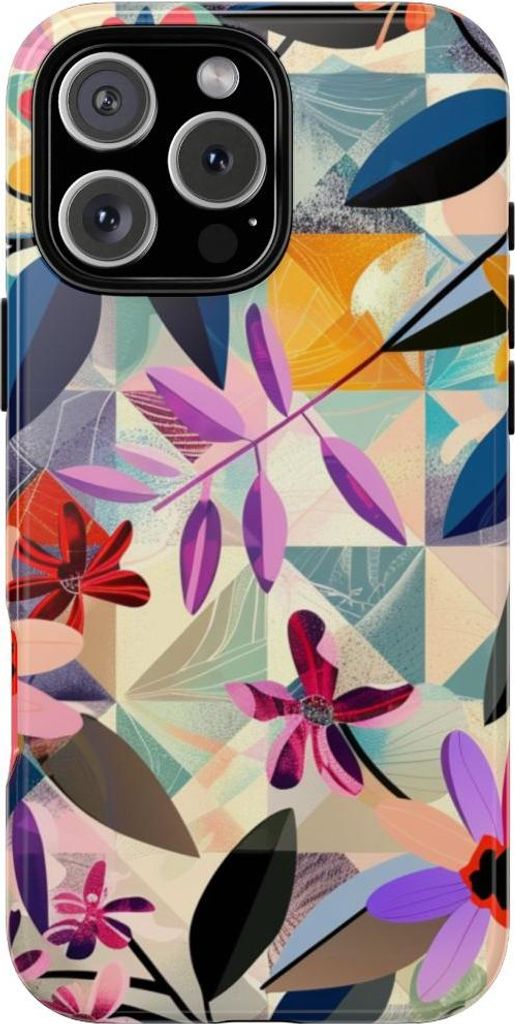 Buntes Blumenmuster mit geometrischem Hintergrund – Hülle Kompatibel mit iPhone 16 Pro Max