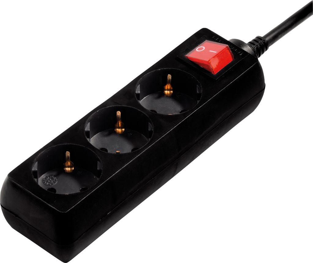A black power strip with three outlets and a red switch on a white background.