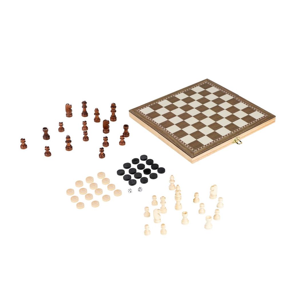3-in-1 Schach Schachspiel Dame Backgammon aus Holz 34 x 34cm Feldgröße 