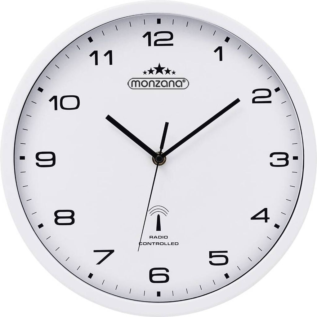 A white analog wall clock with black numbers and hands, displaying the brand logo and 'RADIO CONTROLLED' text.