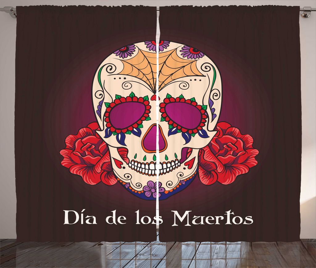 ABAKUHAUS Schädel Rustikaler Vorhang, Dia de Los Muertos, Wohnzimmer Universalband Gardinen mit Schlaufen und Haken, 280 x 245 cm, Plum Red Creme