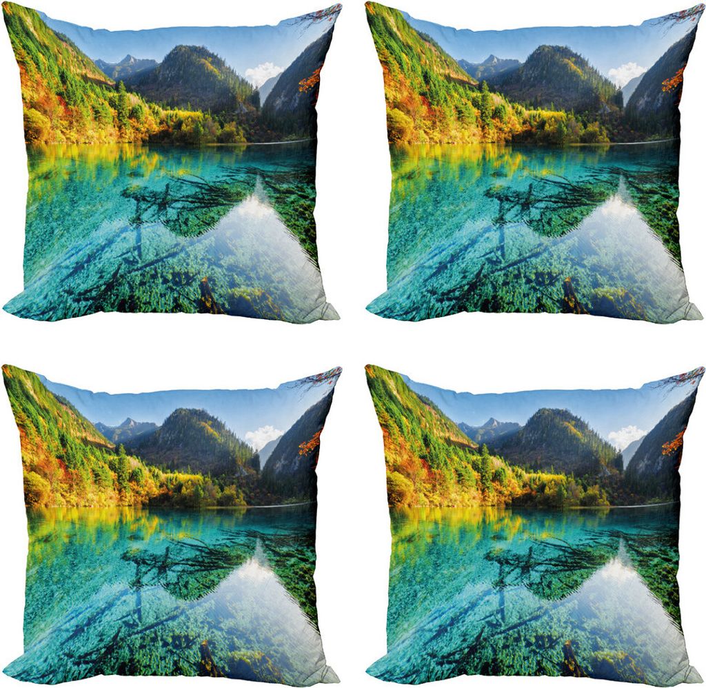 ABAKUHAUS Natur Kissenbezug Set (4 Stück), Idyllische Mountain Creek, Moderner Doppelseitiger Digitaldruck, 50 cm x 50 cm, Teal Farn-Grün Marigold