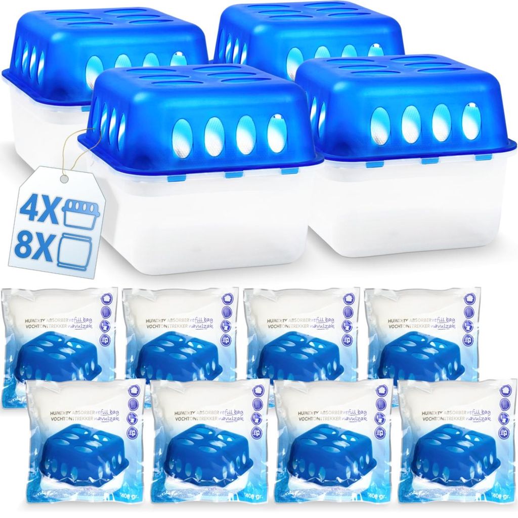 4x Luftentfeuchter Box mit 8 Nachfüllpacks je 400g Raumentfeuchter Feuchtigkeits-Stopper mit Granulat - Beutel
