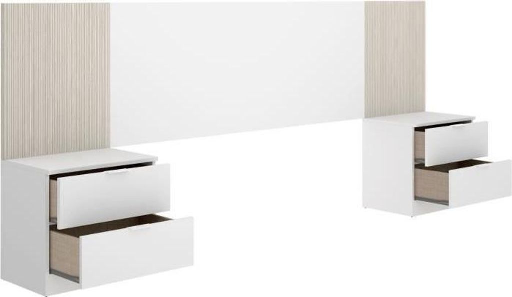 Wand Kopfteil mit Integrierten Nachttischen LOMA, Weiß und Holz, 258.6 x 34.2 x 106 cm, Für Betten 140-160 cm