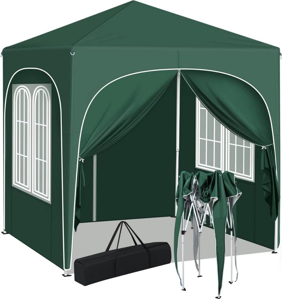 Happiq Faltbares Gartenpavillon 2x2 m mit Seitenwänden – Höhenverstellbar – Pop-Up Pavillon – Wasserdicht & UV-Schutz – Grün