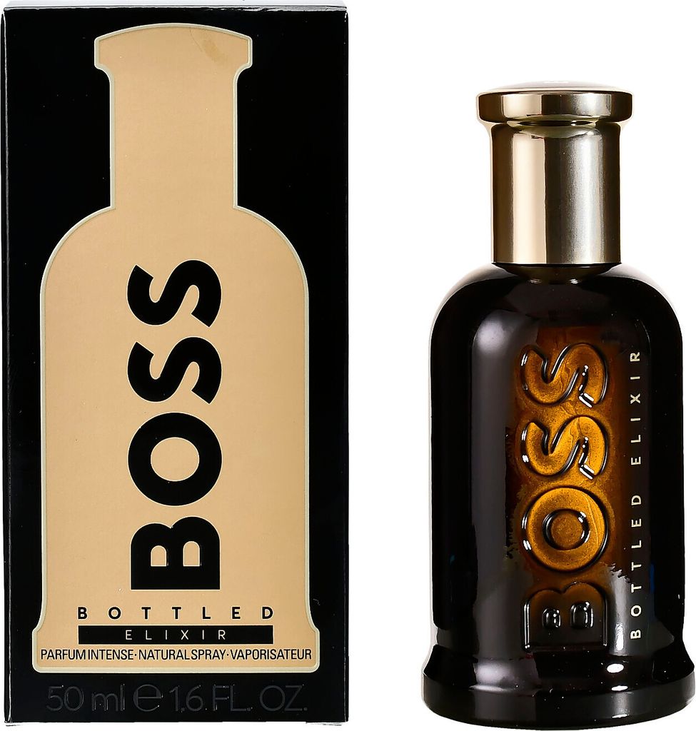 A product shot of Hugo Boss Bottled Elixir perfume and its packaging.