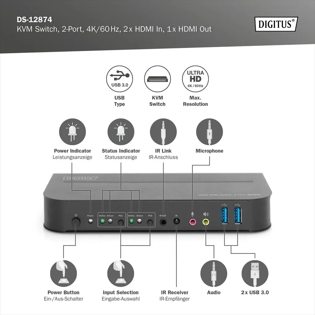 DIGITUS Commutateur KVM 2 Ports HDMI 4K UHD avec Boîtier Robuste en Métal