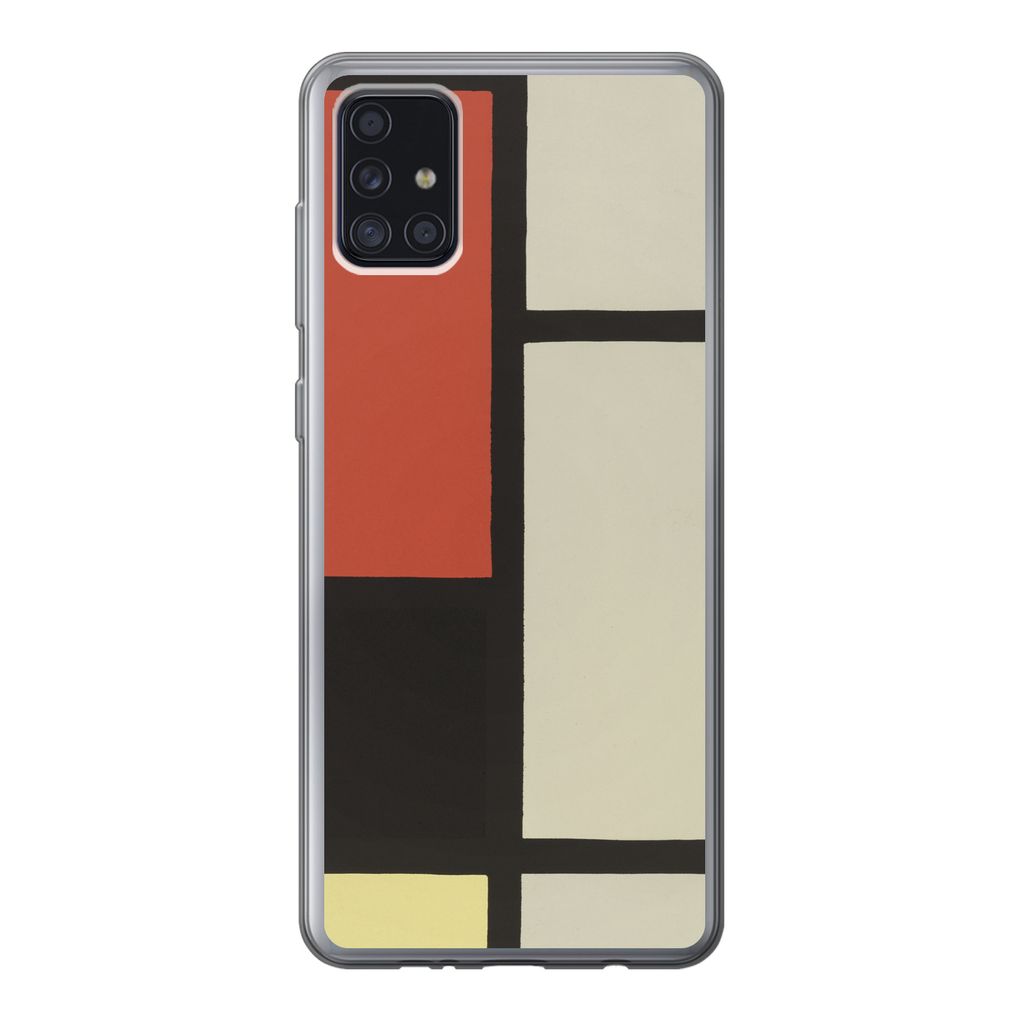 MuchoWow Handyhülle Schutzhülle Hülle für Samsung Galaxy A52 5G Komposition mit rotem Quadrat, schwarz, blau - Piet Mondrian Silikon Softcase...