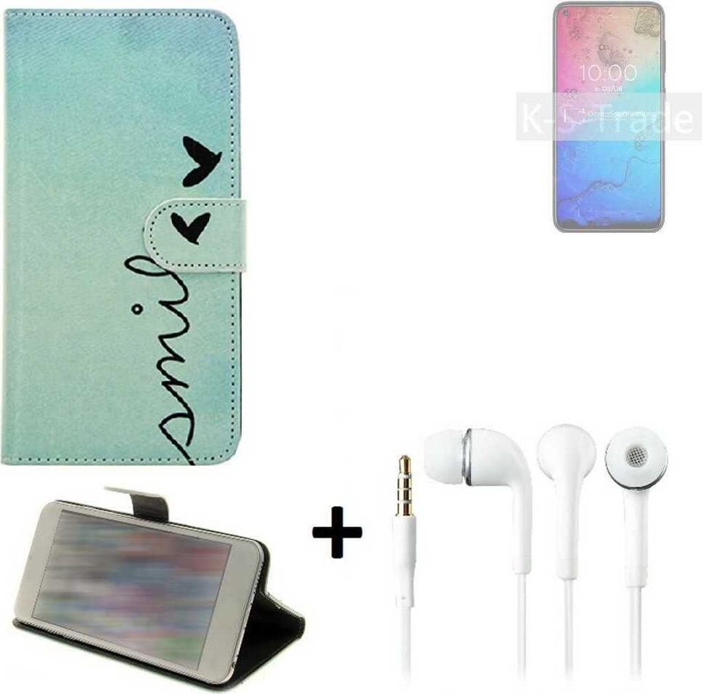 K-S-Trade Schutz Hülle Handy Hülle kompatibel mit BQ Mobile BQ-6430L Aurora 360° Wallet Case Schutz Hülle ''smile'' inkl. Ohrstöpsel Smartphone