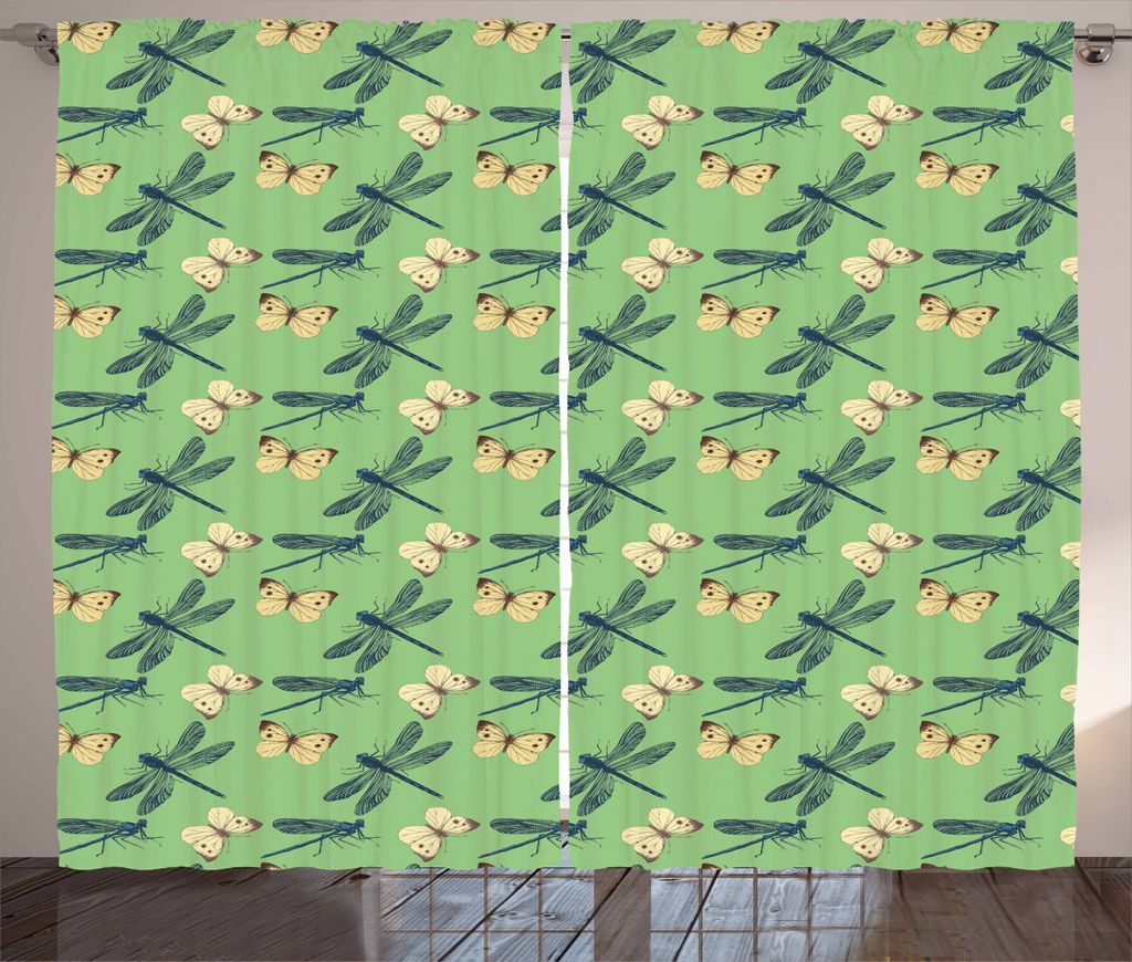 ABAKUHAUS Libelle Rustikaler Gardine, Insekten und Schmetterlinge, Schlafzimmer Kräuselband Vorhang mit Schlaufen und Haken, 280 x 225 cm, Benzinb...