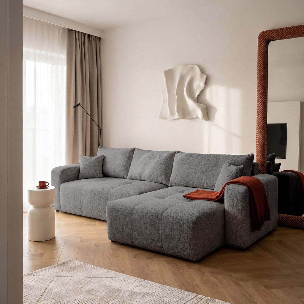Idohome–Ecksofa Pedro XL Chenille mit Schlaffunktion und L-förmigen Steppungen 278x145x79 cm, Universale Couch,- Farbe: Grau Bella 20