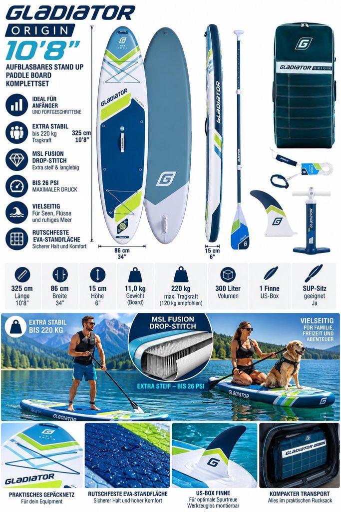 Gladiator ORIGIN 10'8 SUP Board Set MSL Fusion 26 PSI extra Produktbild 