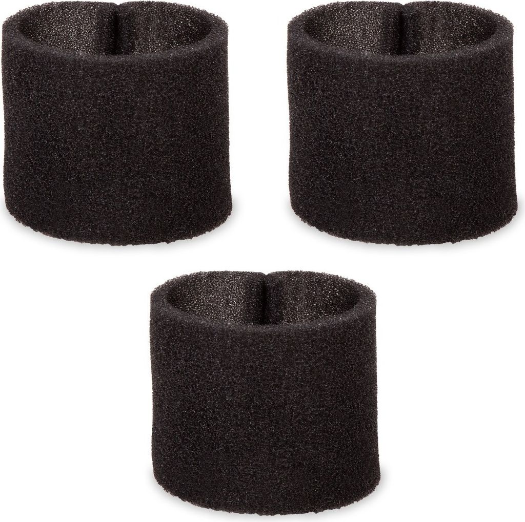 Three black foam rings arranged in a diagonal line on a white background.