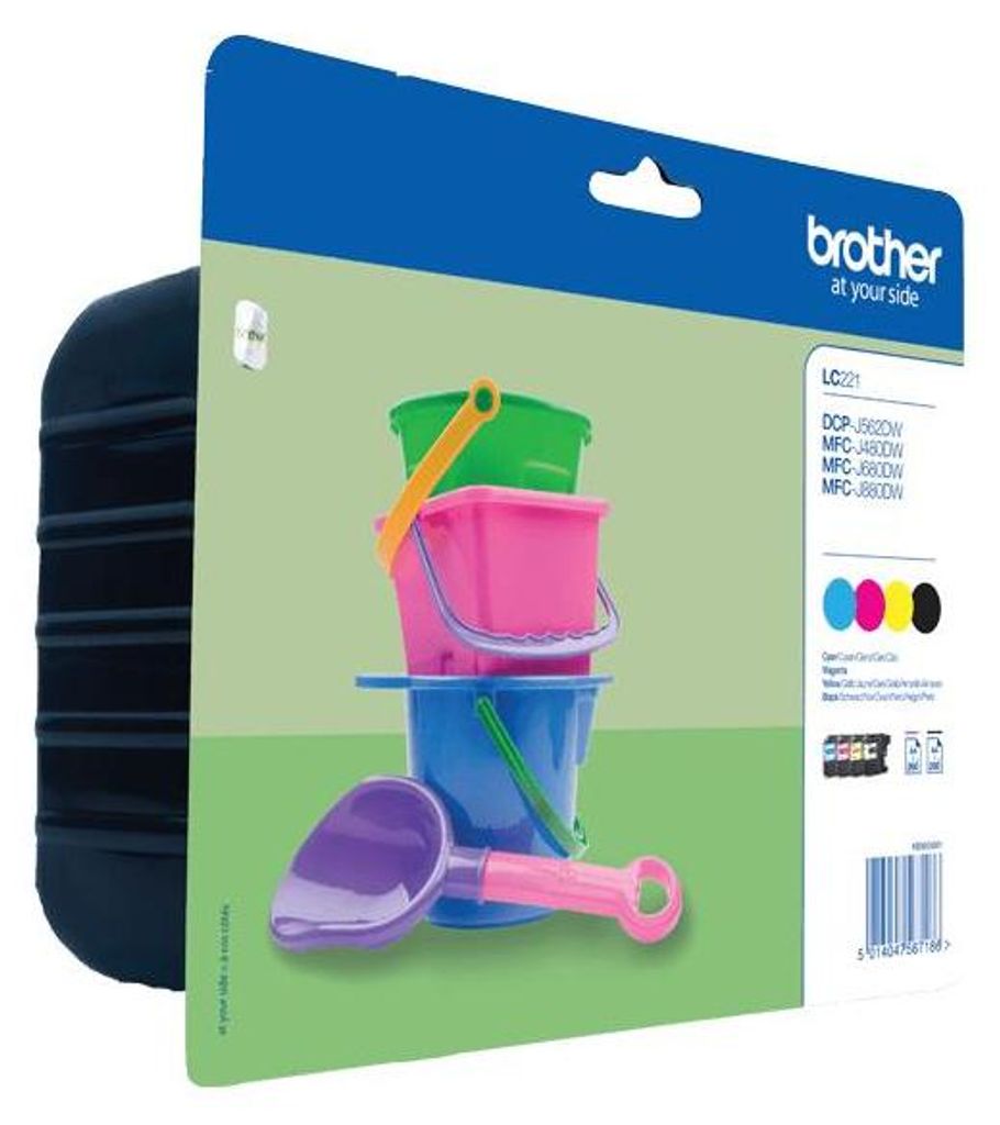 The image shows the packaging of a Brother LC221 ink cartridge value pack, featuring colorful toy buckets and a shovel.