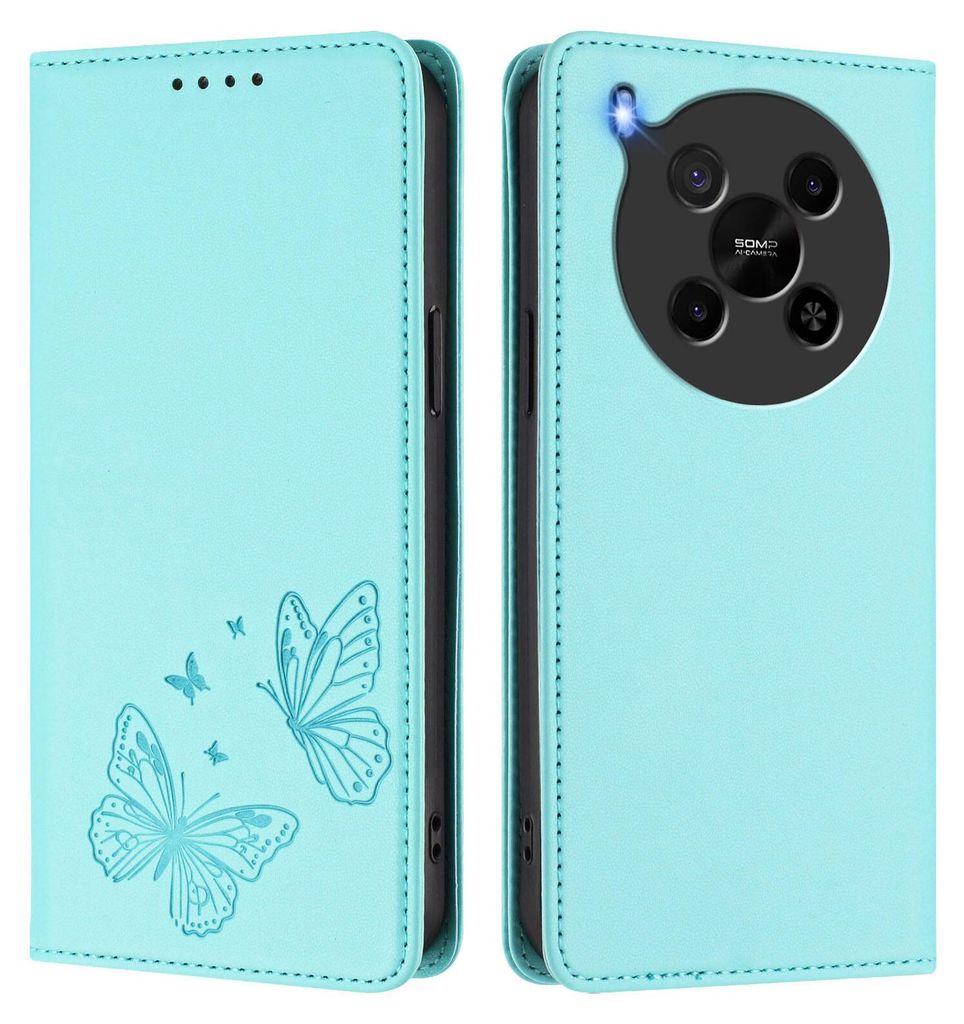 Lederhülle für ZTE Blade V70 Max/nubia V70 Max, Schmetterling Prägung Leder Brieftasche Schutzhülle mit Ständer Türkis