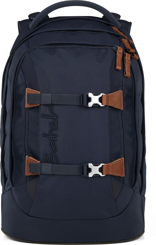 A navy blue backpack with brown leather accents is shown against a white background.