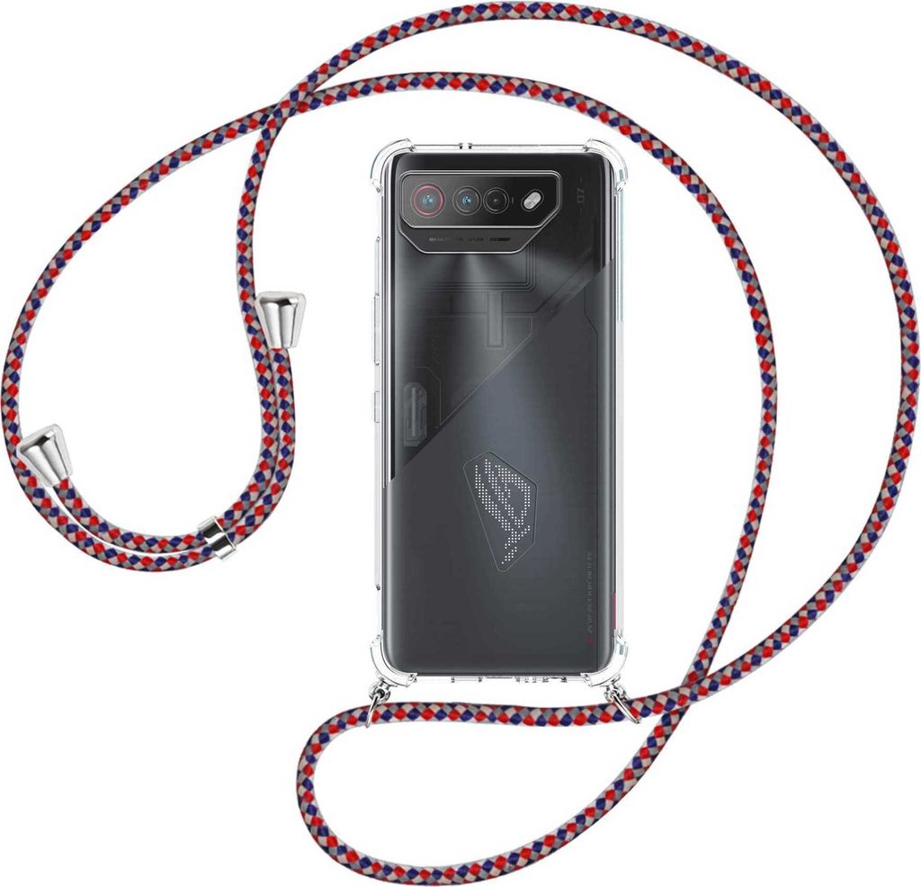 Handykette Backcover-Schutzhülle mit Band (Metall silberfarben) für Asus ROG Phone 7 (6.78'') - silber/blau/rot