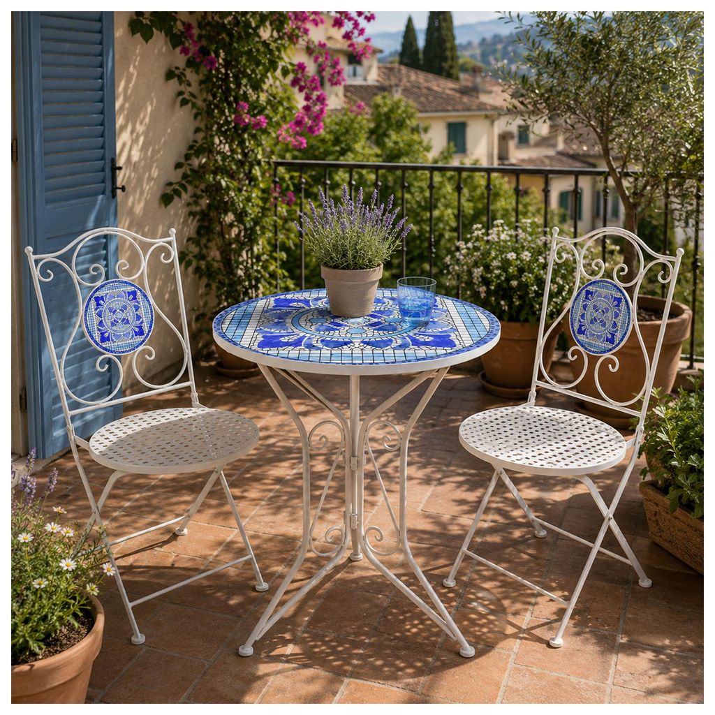 Sitzgruppe Metall Creme Santorin Tisch mit 2 Stühlen Balkon Produktbild 