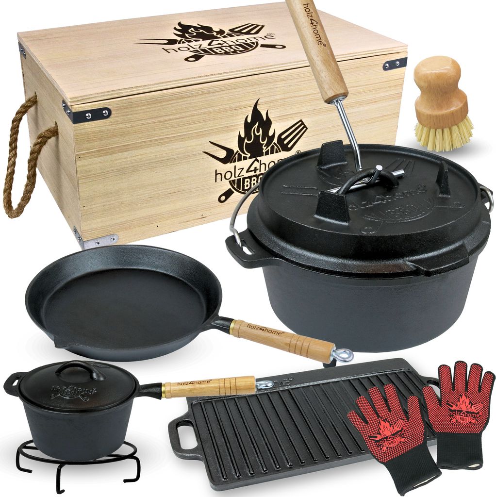 holz4home 9-teiliges Dutch Oven Set I 4,3L Feuertopf Gusseisen in Holzkiste I Pfanne Grillplatte Kochtopf Deckelheber Reinigungsbürste