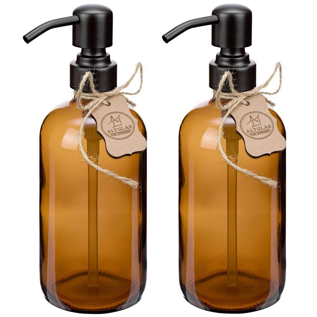 Seifenspender 'Sarajevo' aus Glas Flasche mit Edelstahl Pumpkopf – Braun / Matt-schwarz / 250 ml (2 Stück)