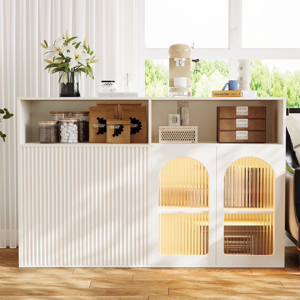 Sideboard mit Glastür und LED-Licht freistehender Holzschrank Buffetschrank Küche Zuhause Wohnzimmer 140×35×90cm Weiß