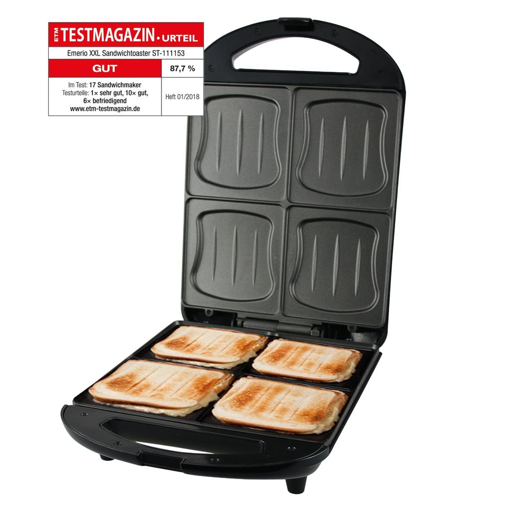 Emerio Sandwichmaker XXL – für 4 Sandwiches – PFAS-frei – 1300 W – großes Grill-/Backflächenformat – Edelstahl – ST-111153.4 – Sch...