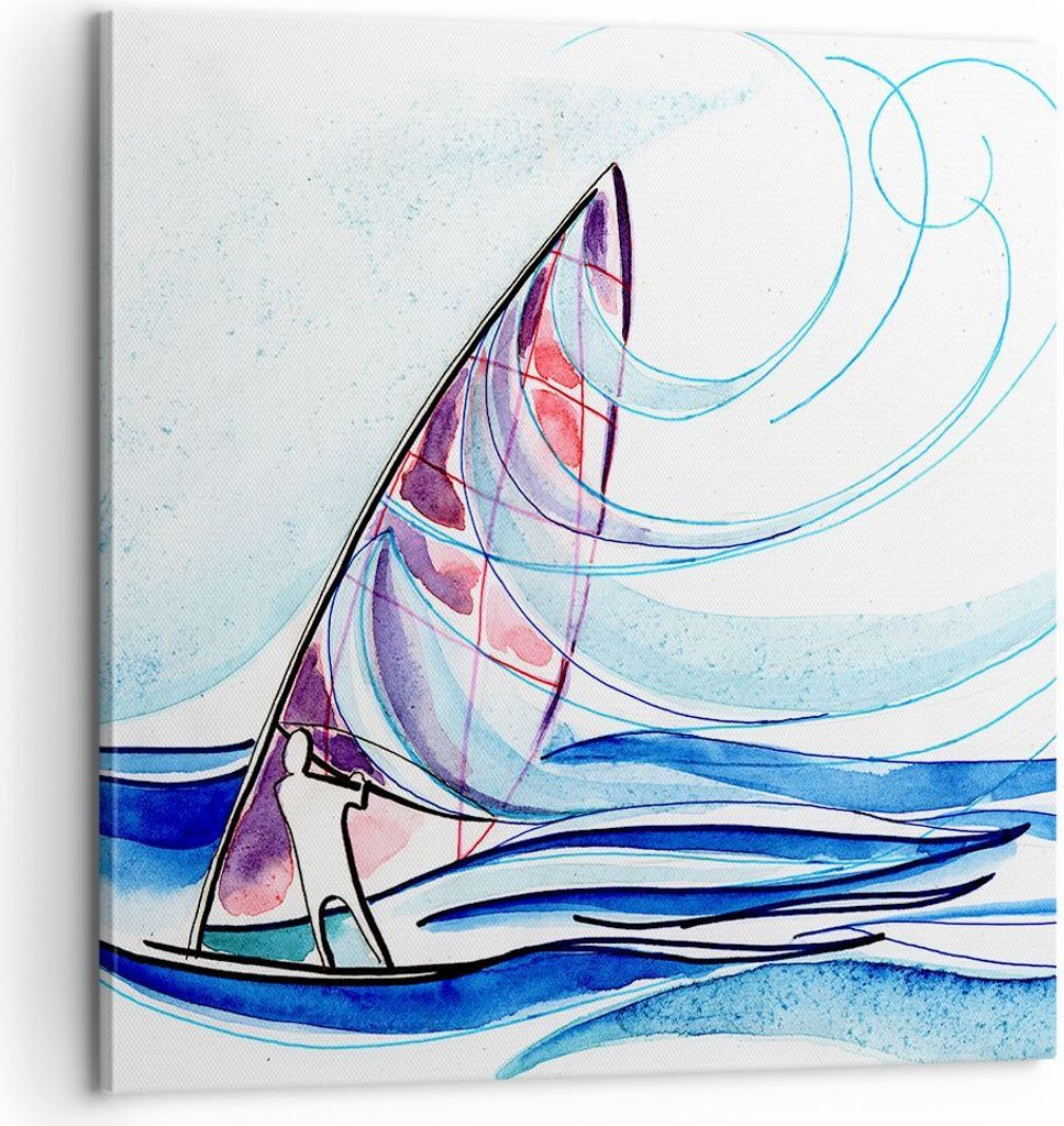 Bild auf Leinwand - Leinwandbild - Windsurfen Grafik Illustration Sommer - 60x60cm - Wand Bild - Wanddeko - Leinwanddruck - Bilder - Kunstdruck - L...