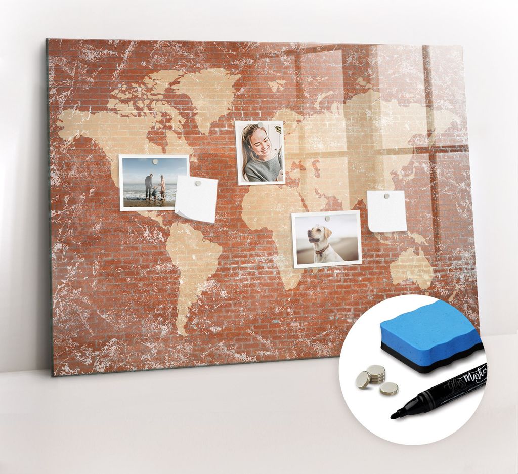 Magnetpinnwand Memoboard - Zubehörsatz - Schwarzer Marker + Schwamm + Magnete - 100 x 70 cm - Weltkarte auf Ziegelstein