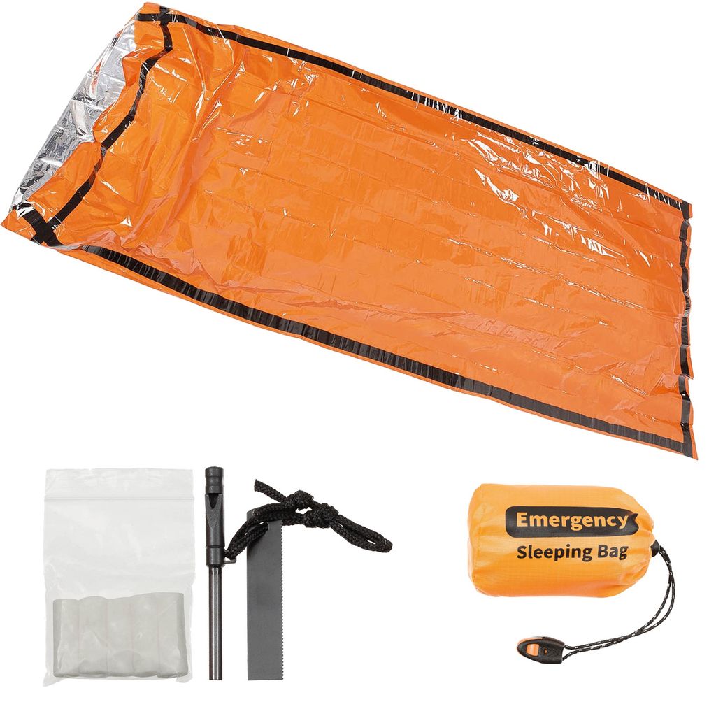 An emergency sleeping bag and its accessories are laid out on a white background.