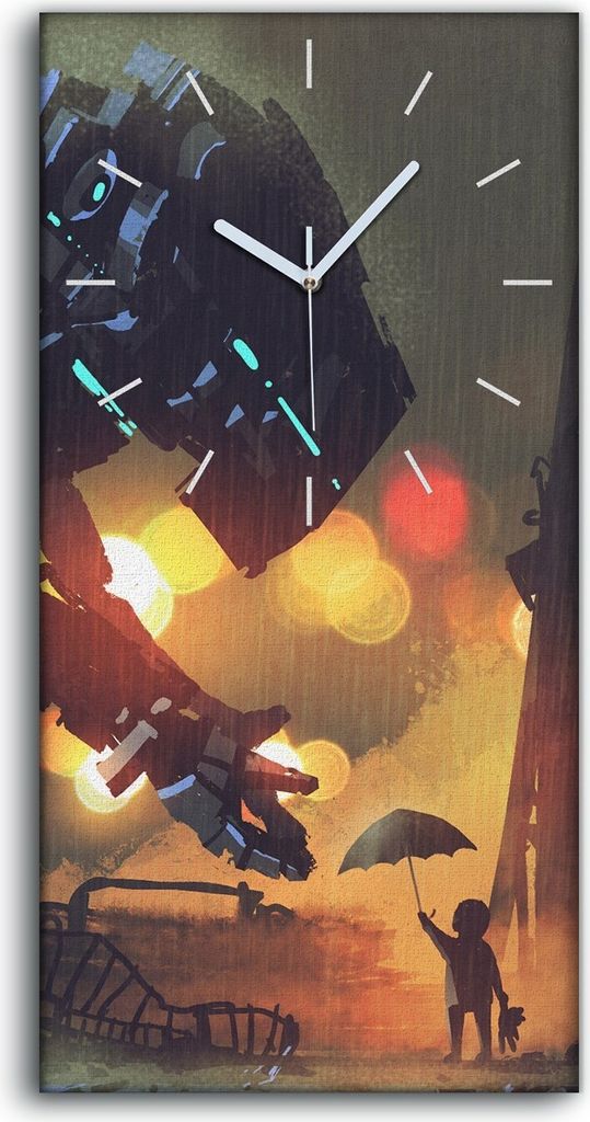 Wandbild Leinwand Bilder mit Uhr 30x60 Kind gibt Regenschirm an Riesenroboter - weiße Hände