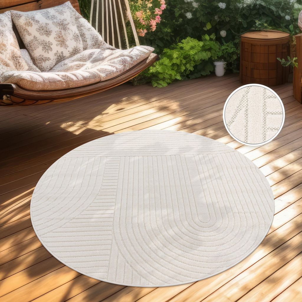 Outdoor Teppich Wetterfest Balkon Wohnzimmer Skandinavisch Boho Einfarbig Creme Grösse 160 cm Rund