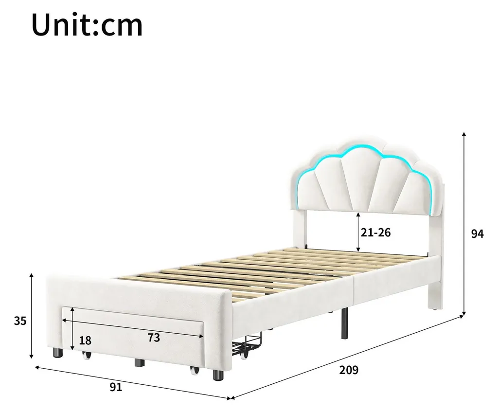 Lit 90x200cm blanc avec tête de lit pétales et éclairage LED variable