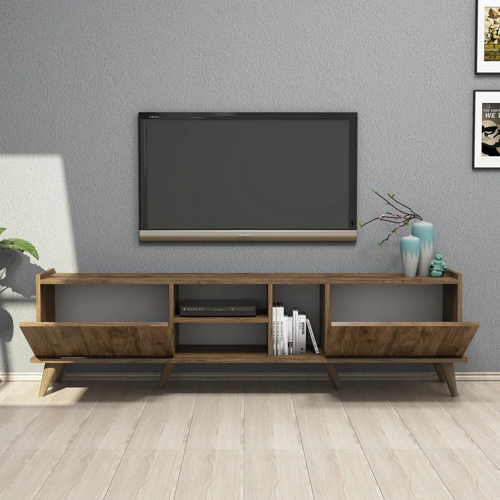 Meuble TV Long 180cm Noyer pour Grand Écran Salon au Design Minimaliste