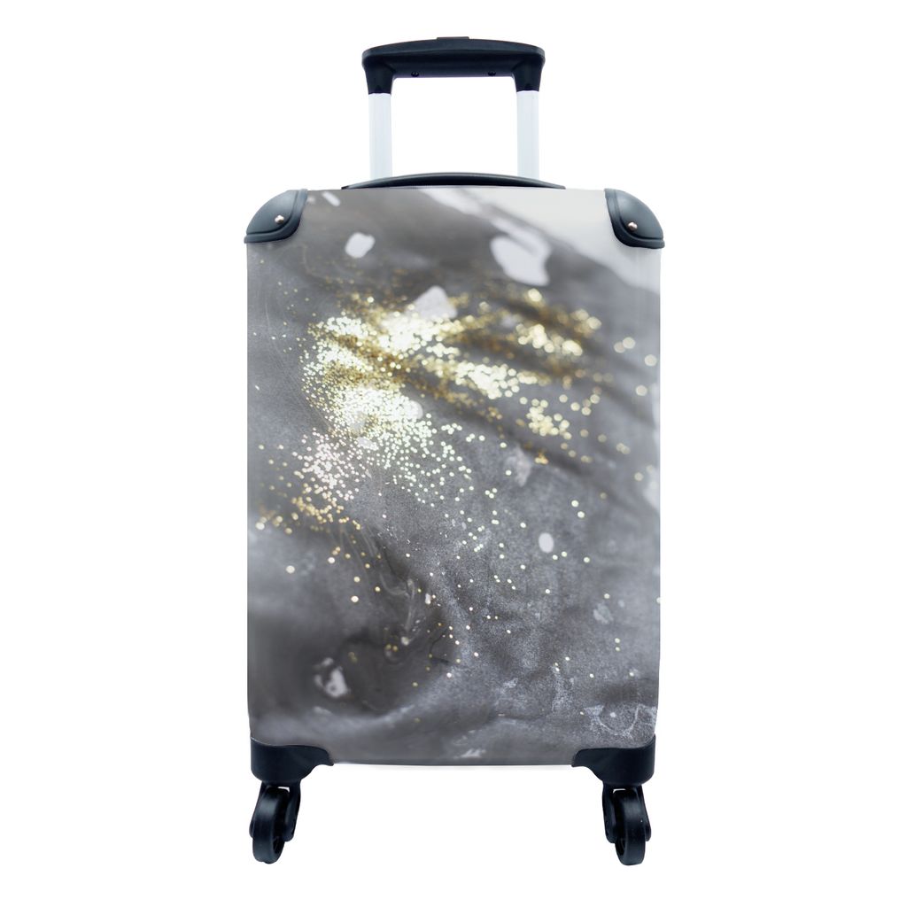 MuchoWow Koffer Handgepäck Trolley Rollkoffer Kleine Reisekoffer mit 4 Rollen - Marmor - Gold - Schwarz - Glitter - Cabin Size < 55x40x23 cm & 5...