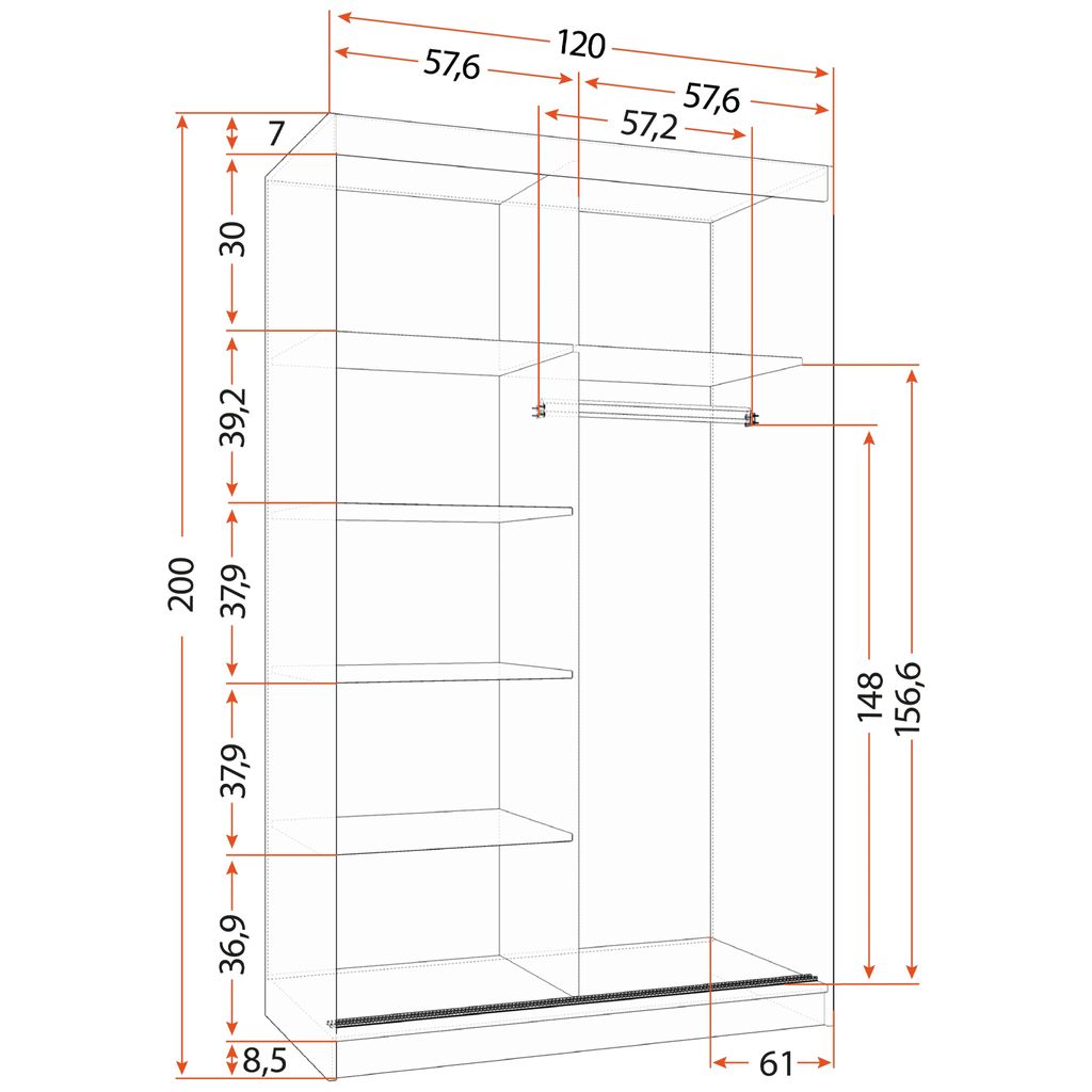 Schwebetürenschrank Kleiderschrank  Schrank 120cm Weiß/Weiß Produktbild 6