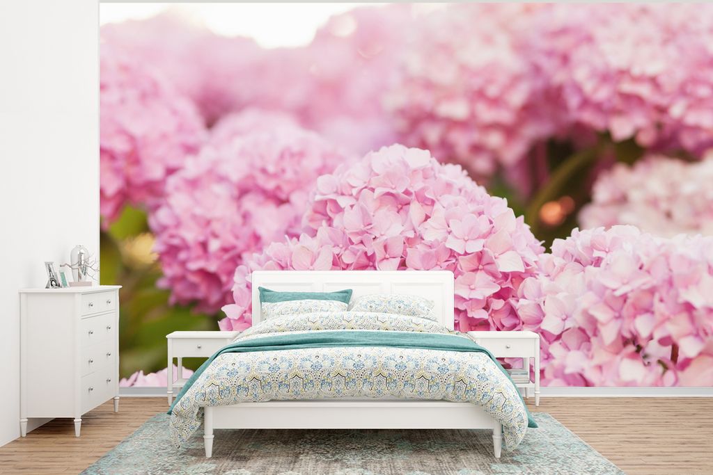 MuchoWow Fototapete für Wohnzimmer oder Schlafzimmer Wandtapete Vinyl Motivtapete Busch - Blumen - Rosa - Hortensie - 375x280 cm - Schlafzimmer ...