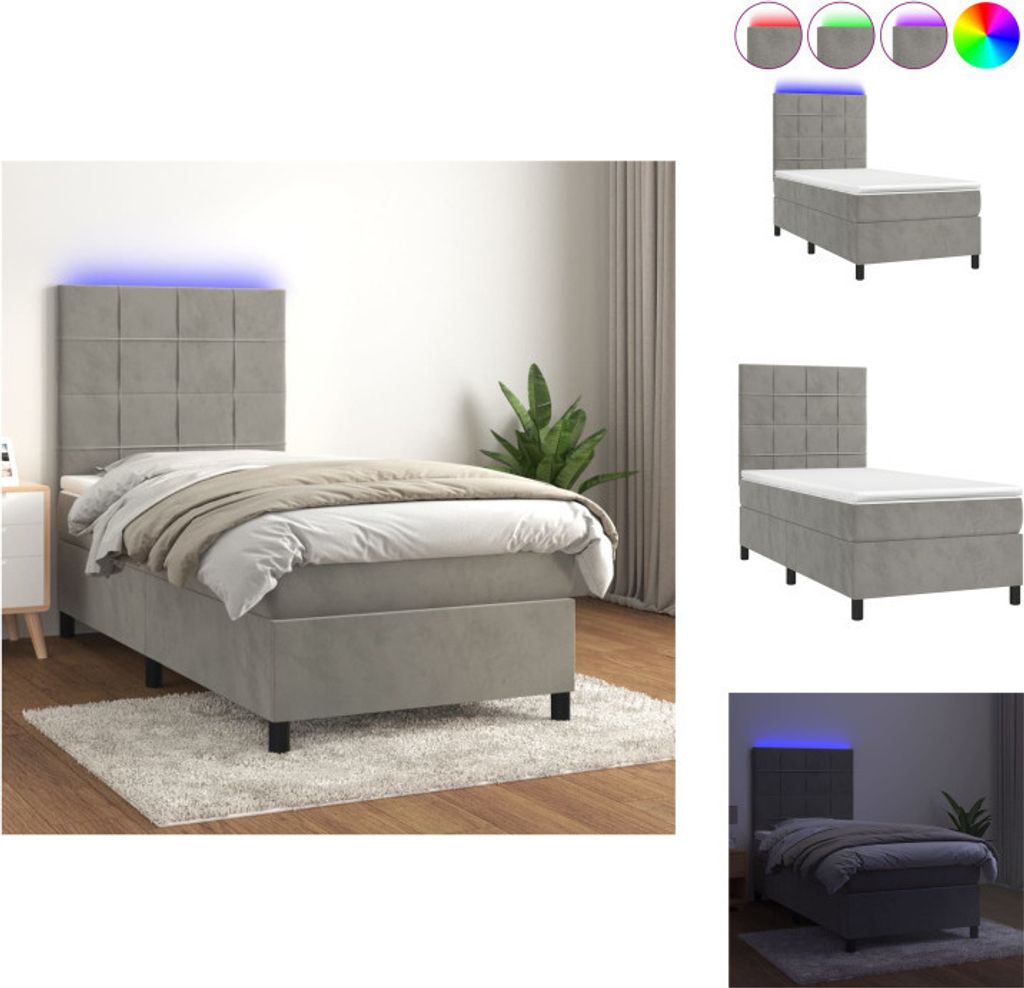 vidaXL Boxspringbett mit Matratze & LED Hellgrau 100x200 cm Samt - Betten & Bettgestelle