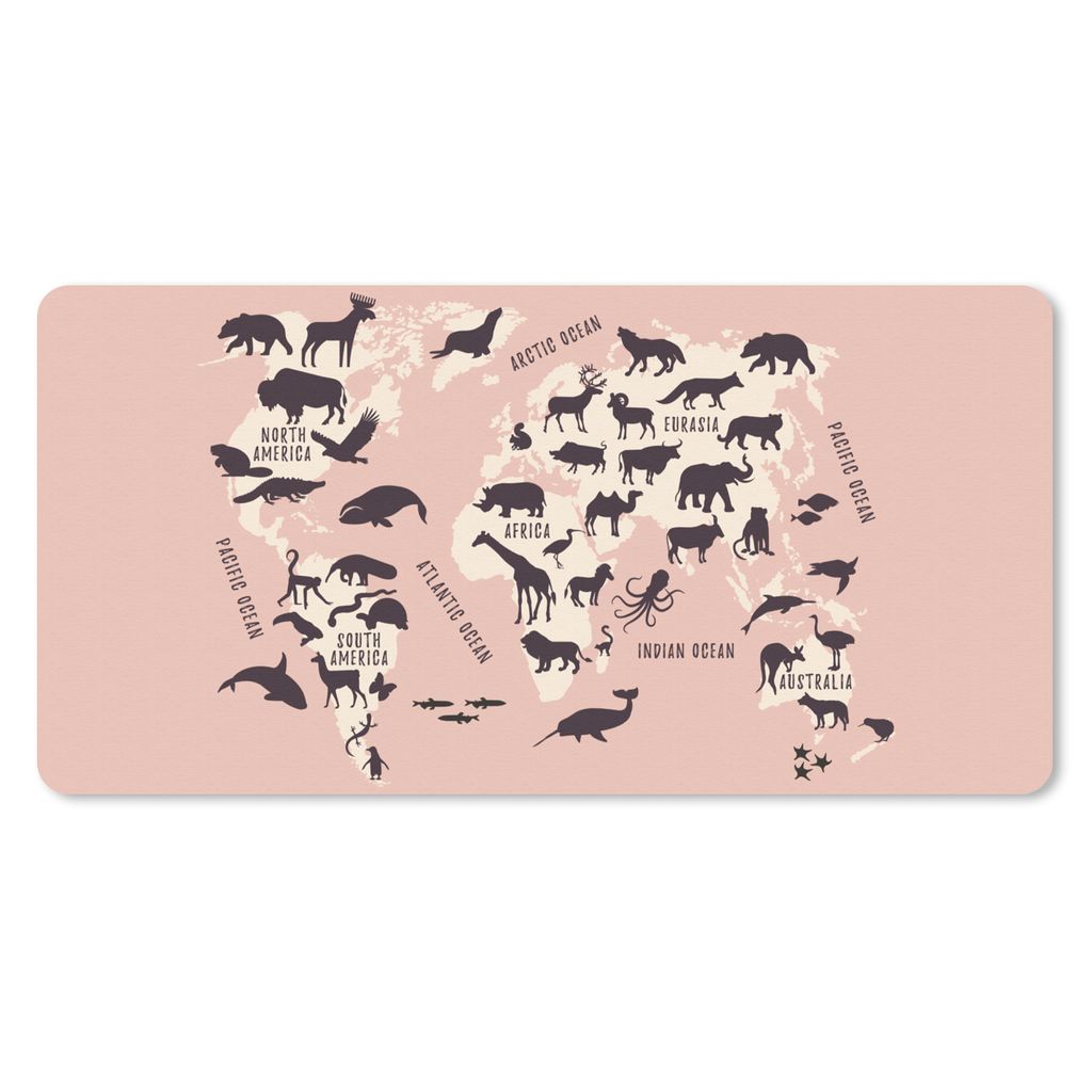 MuchoWow Schreibtischunterlage Weltkarte - Tier - Rosa 80x40 cm - XXL Mauspad - Gaming Mauspad