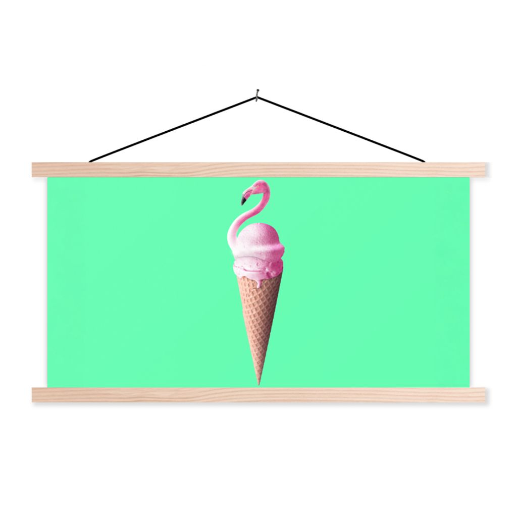 MuchoWow Textilposter Eistüten - Eiscreme - Flamingo - Rosa - Grün 60x30 cm mit holzfarbenen Rahmen - Dekoration