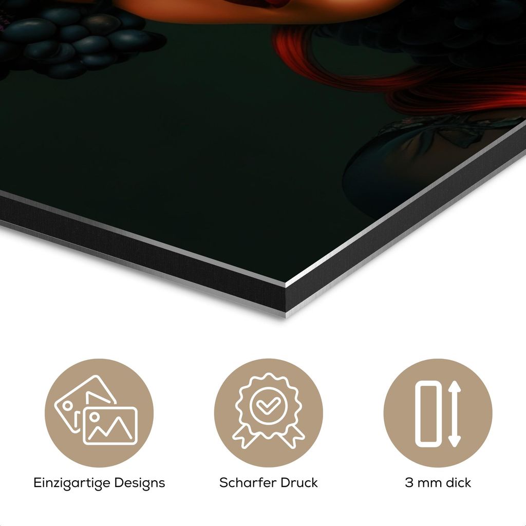 MuchoWow Wanddekoration Metall Metallbild Wandkunst 90x90 cm Frau - Rot - Grün - Weintrauben MuchoWow Aluminium Gemälde - Dekoration - Industrial...