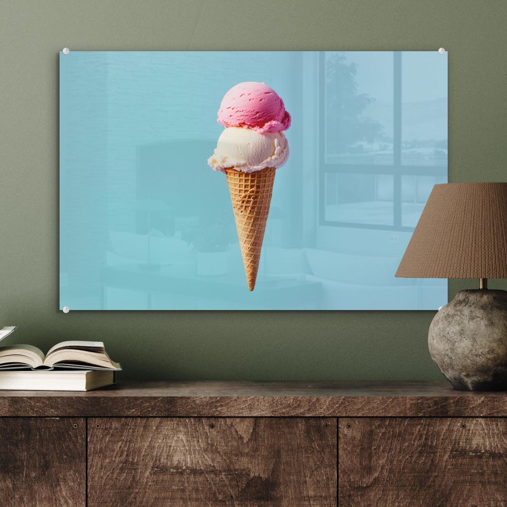 MuchoWow Glasbilder - Bilder auf Wandbild - Foto auf Glas Schaufel Eiscreme - Kegel - Blau 60x40 cm Wanddekoration aus Glas - Acrylglasbild - Acryl...
