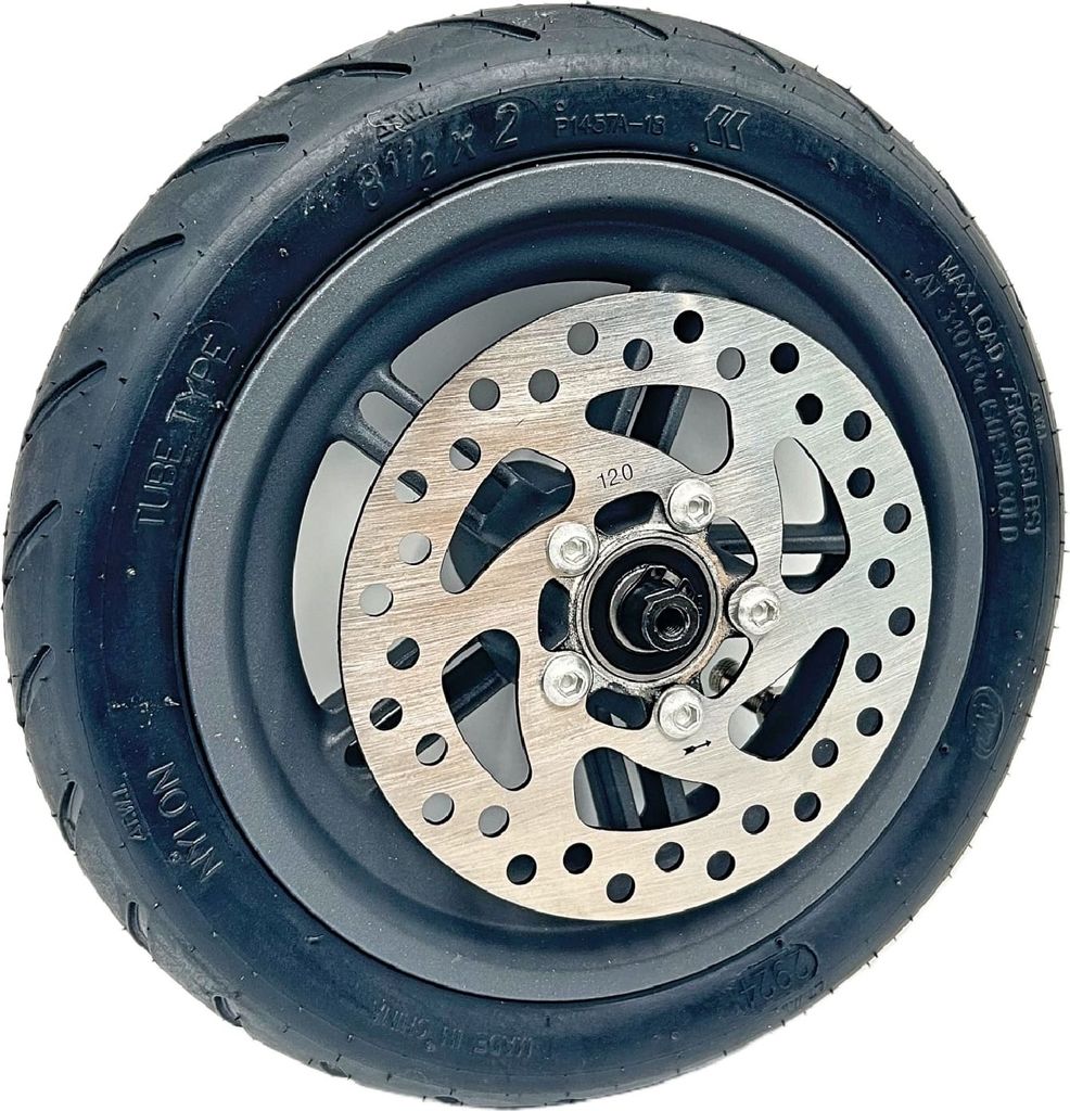 A close-up view of a scooter wheel with a disc brake.