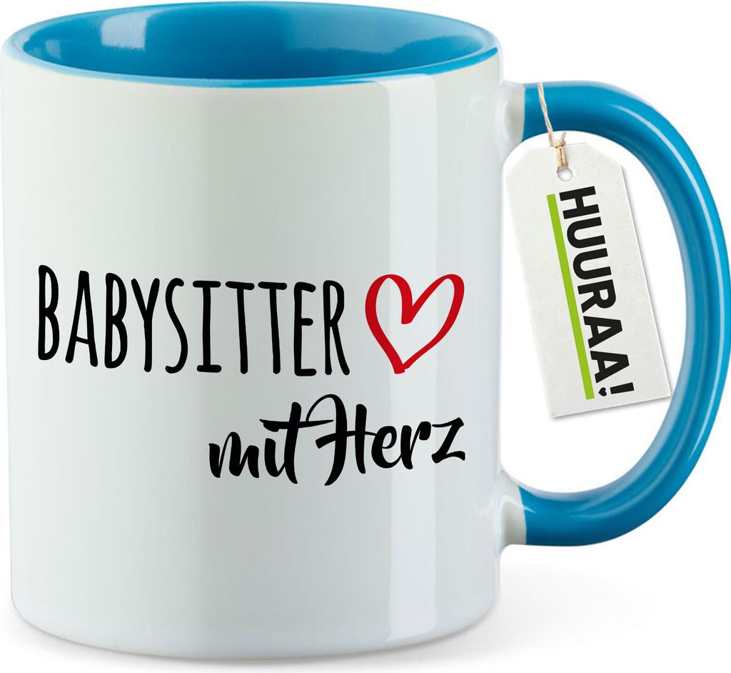 Huuraa Kaffeetasse Babysitter mit Herz 330ml Blau Keramik Kaffeebecher Geschenkidee