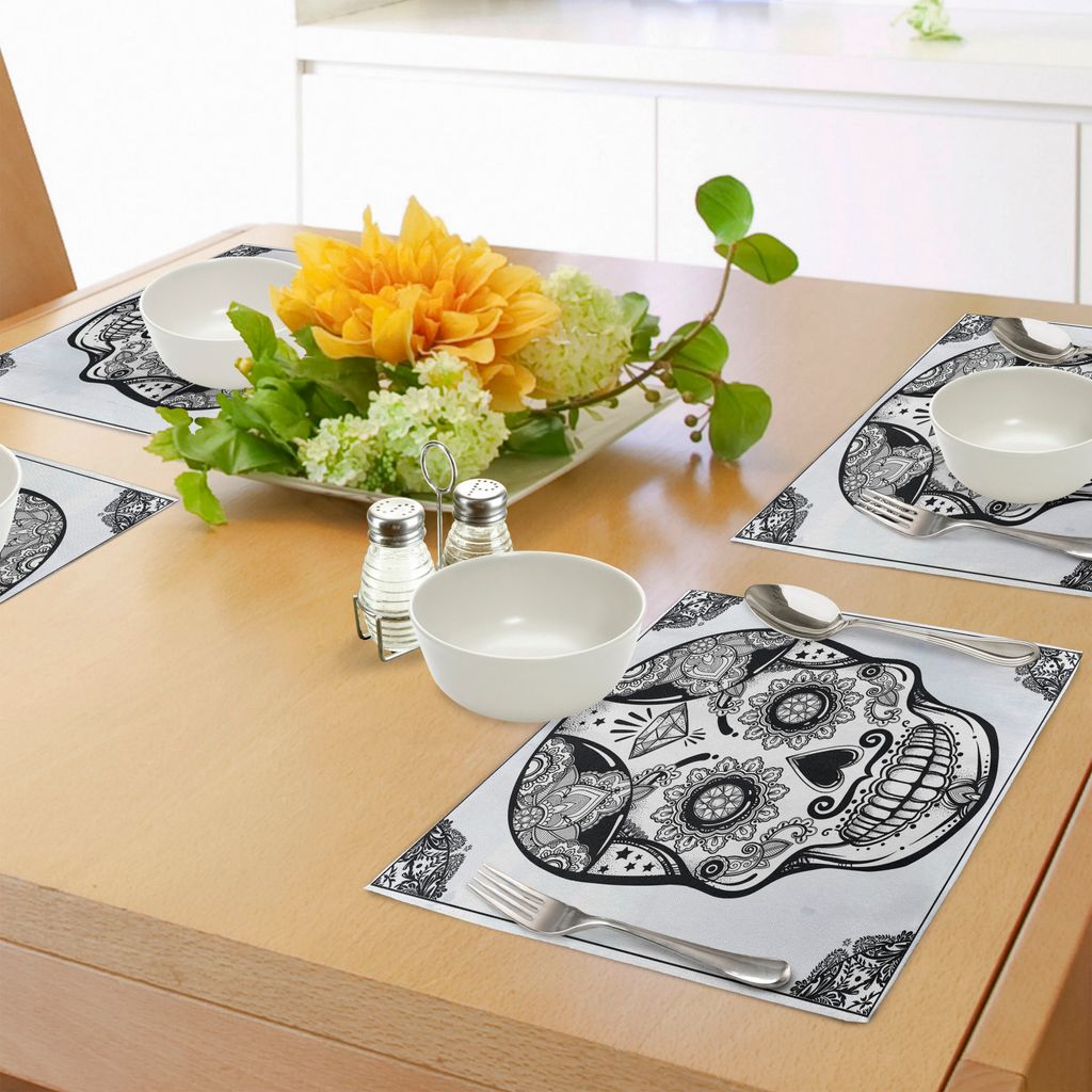 ABAKUHAUS Tag der Toten Platzmatten, Feiertags-Zuckerschädel-Druck mit BlumenMandala-spanischen Volkskunstwerken, Tiscjdeco aus Farbfesten Stoff f...