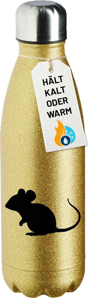 Huuraa Glitzerflasche Maus Silhouette Geschenk 500ml Gold Wasserflasche Maus Mitbringsel