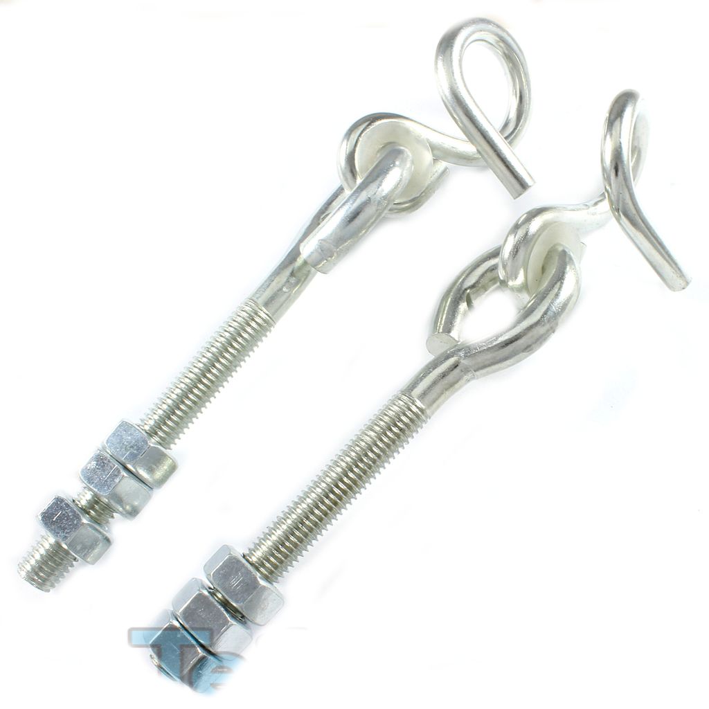 Two metal swing hooks with threaded bolts and nuts, isolated on a white background.