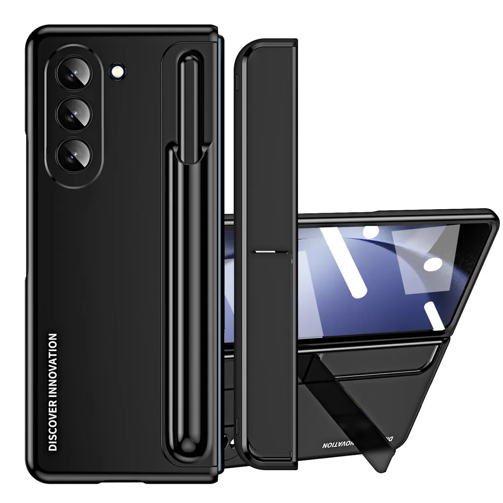 Custodia per Samsung Galaxy Z Fold 5, custodia in PC galvanizzato con supporto per penna e stand, custodia protettiva con vetro protettivo nero